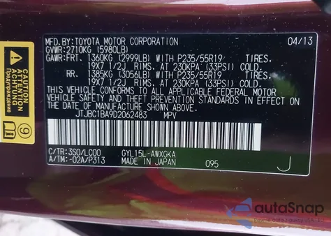 2013 Lexus Rx 450H z USA, uszkodzony, nr VIN JTJBC1BA9D2062483